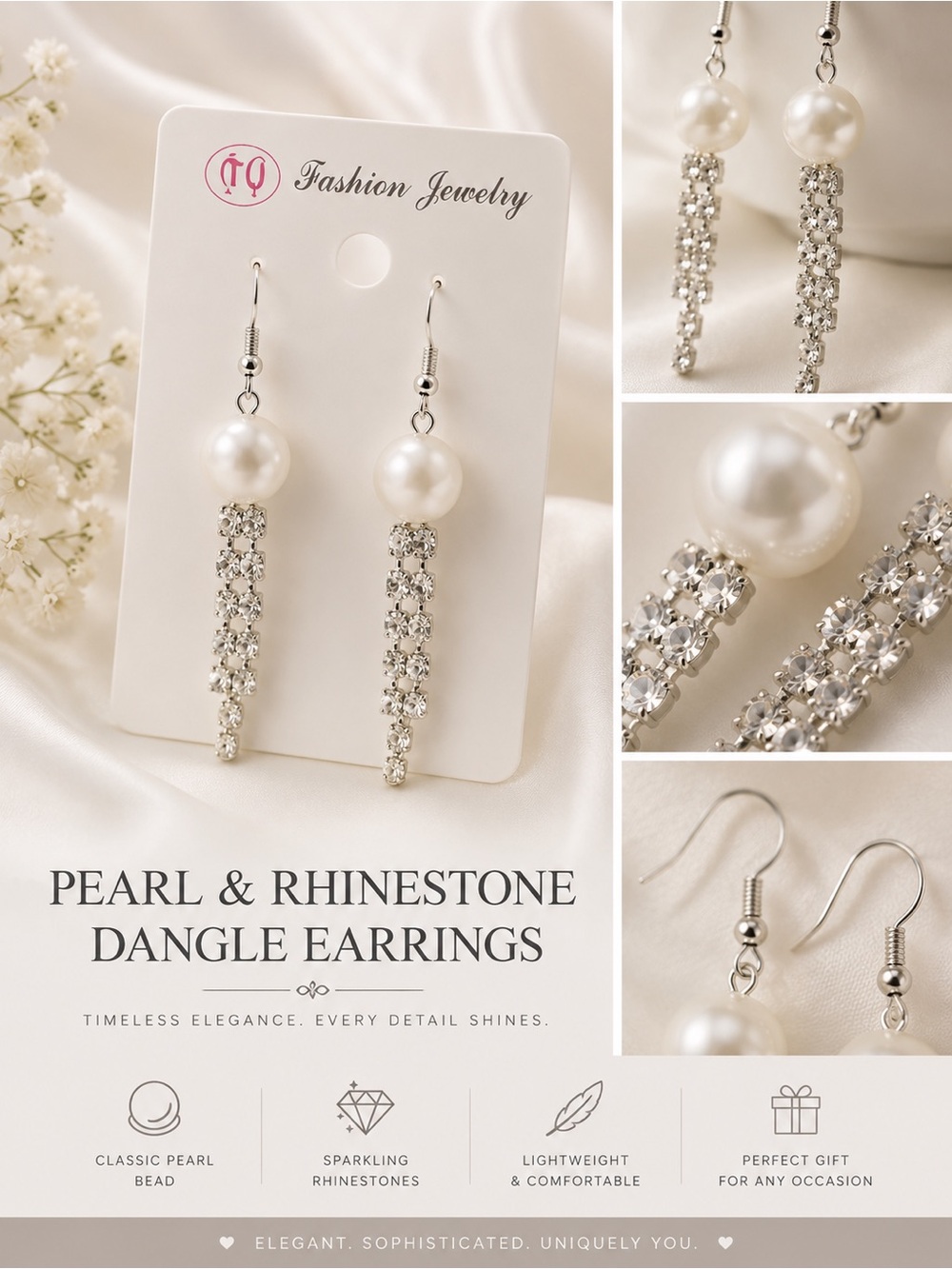 Pearl Rhinestone Dangle Earrings Fashion Jewelry Silver Tone Drop